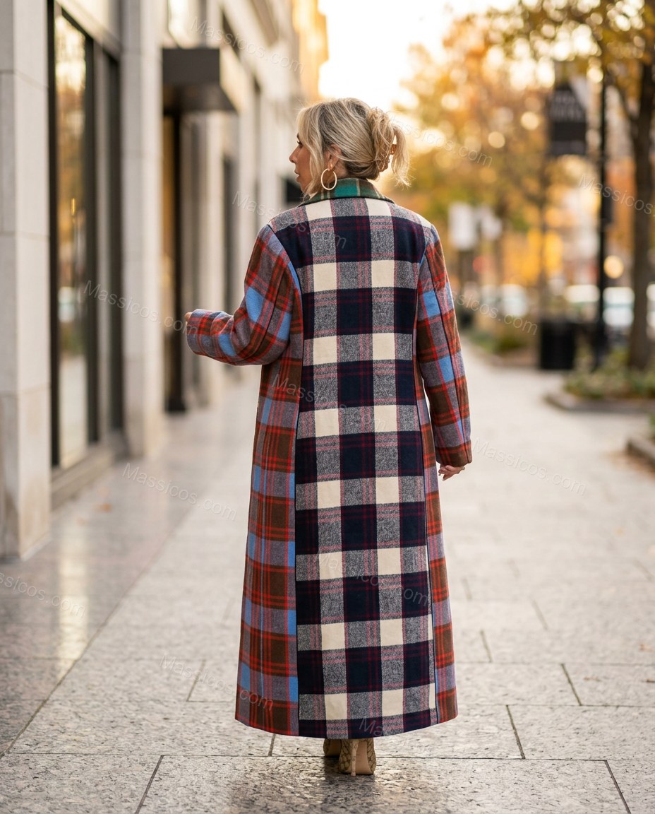 Green Blue Red Plaid Coat, movement and fit lifestyle view, by Massicos