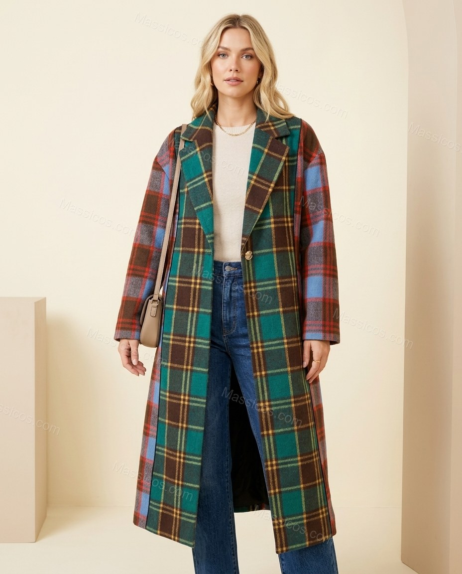 Green Blue Red Plaid Coat, full-length hero view, by Massicos
