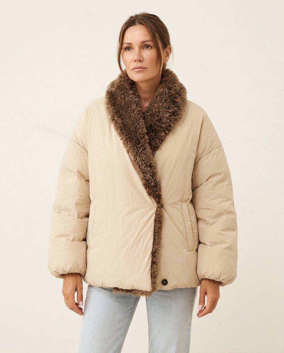 Beige Faux-Fur Jacket, front studio view, by Massicos