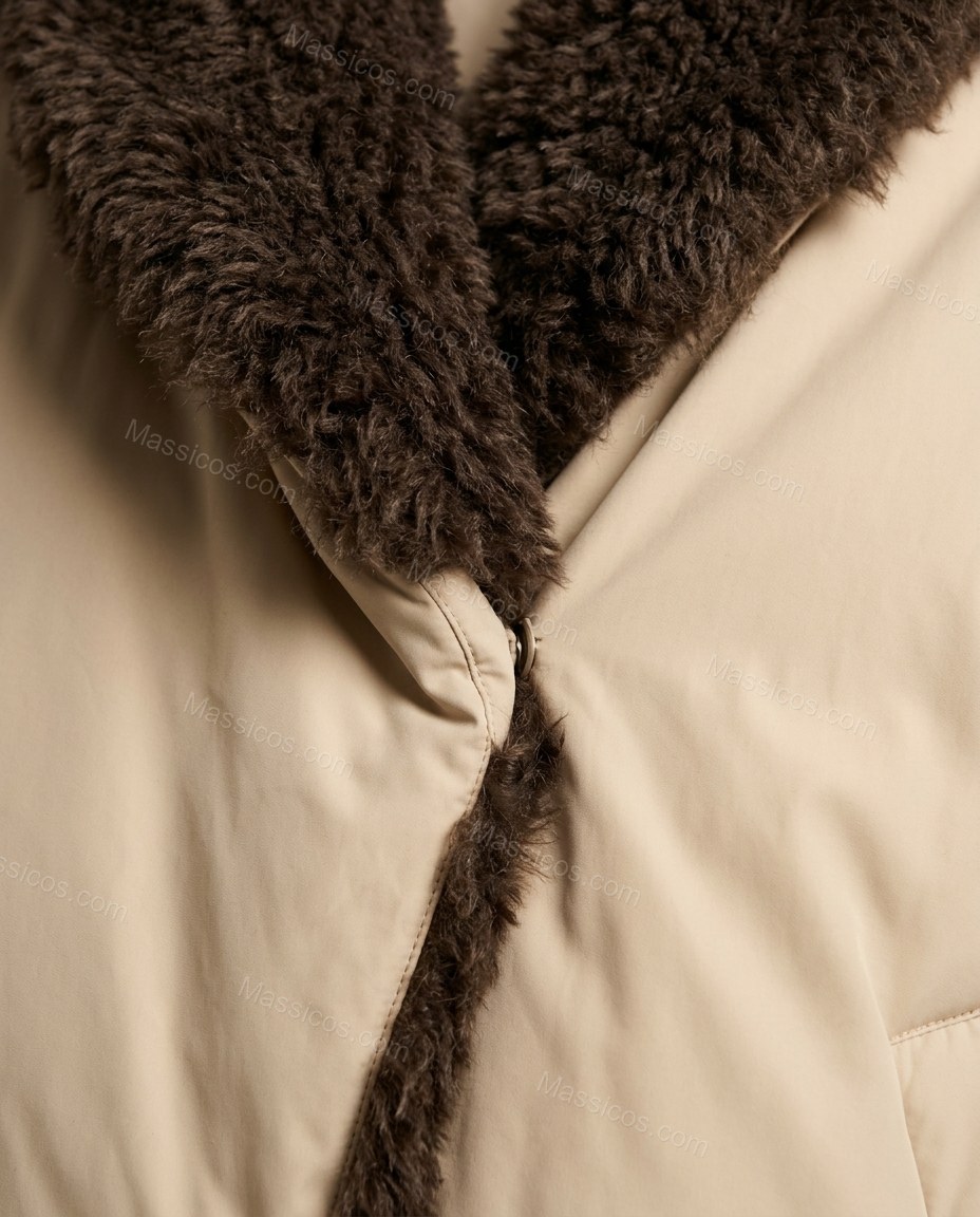 Beige Faux-Fur Jacket, close-up of brown accents, faux fur trim and puffer construction, by Massicos