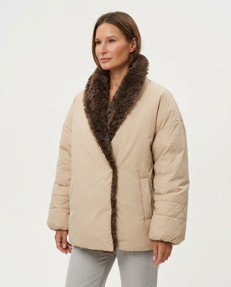 Beige Faux-Fur Jacket, side and back studio view, by Massicos