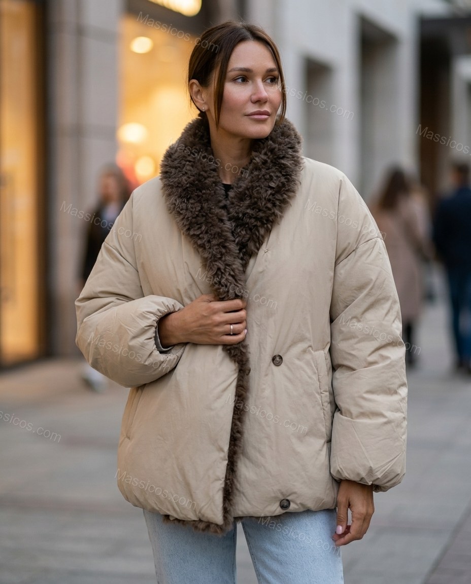 Beige Faux-Fur Jacket, three-quarter brand lifestyle view, by Massicos