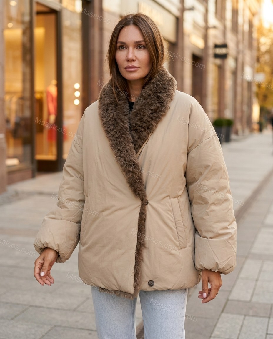 Beige Faux-Fur Jacket, movement and fit lifestyle view, by Massicos