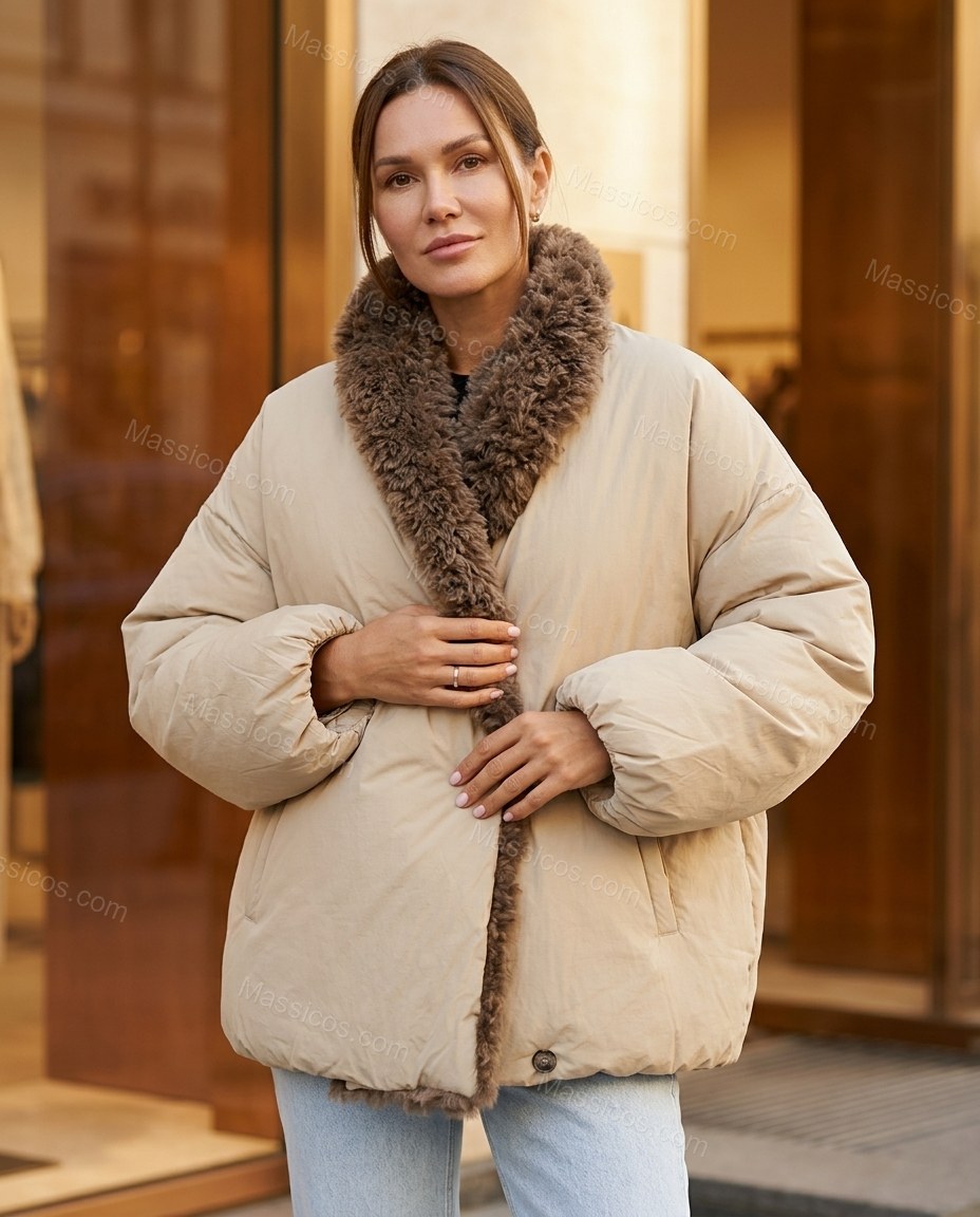 Beige Faux-Fur Jacket, full-length hero view, by Massicos