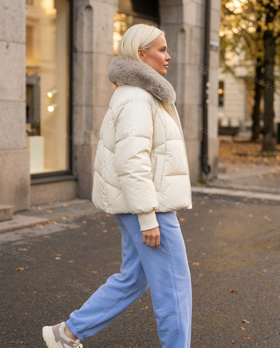 Cream and Grey Knit Outerwear, movement and fit lifestyle view, by Massicos