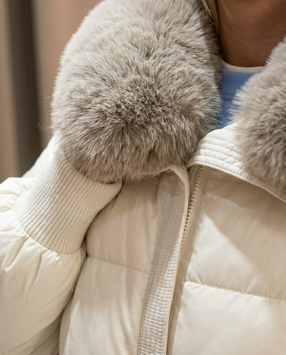 Cream and Grey Knit Outerwear, close-up of cream padded shell, grey-taupe plush collar and central zip, by Massicos