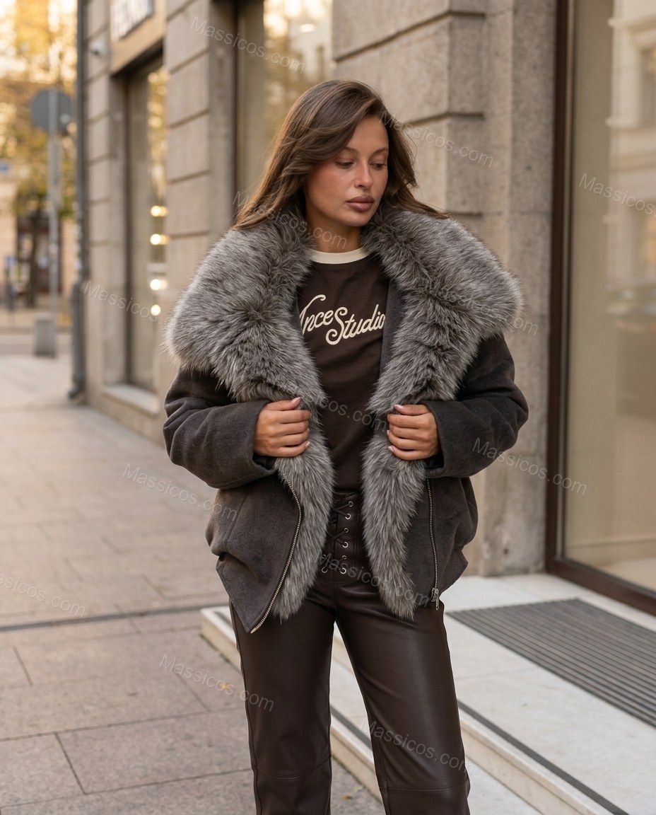 Charcoal Gray Asymmetric Faux-Fur Jacket, alternate use-case lifestyle view, by Massicos