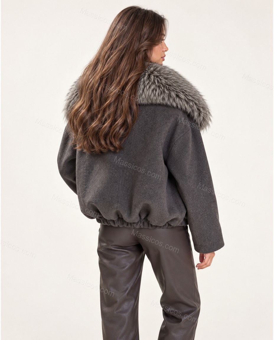 Charcoal Gray Asymmetric Faux-Fur Jacket, side and back studio view, by Massicos