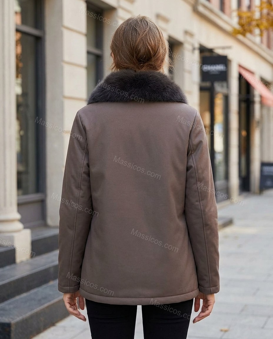 Muted Brown and Charcoal Jacket, walking lifestyle view, by Massicos