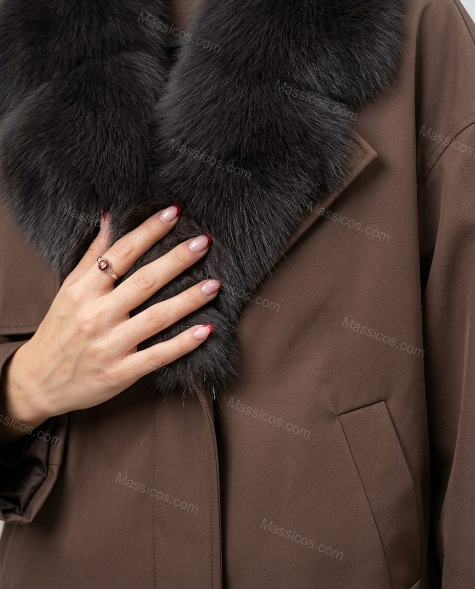 Muted Brown and Charcoal Jacket, close-up of dark brown accents, muted brown smooth shell and charcoal plush shawl collar, by Massicos