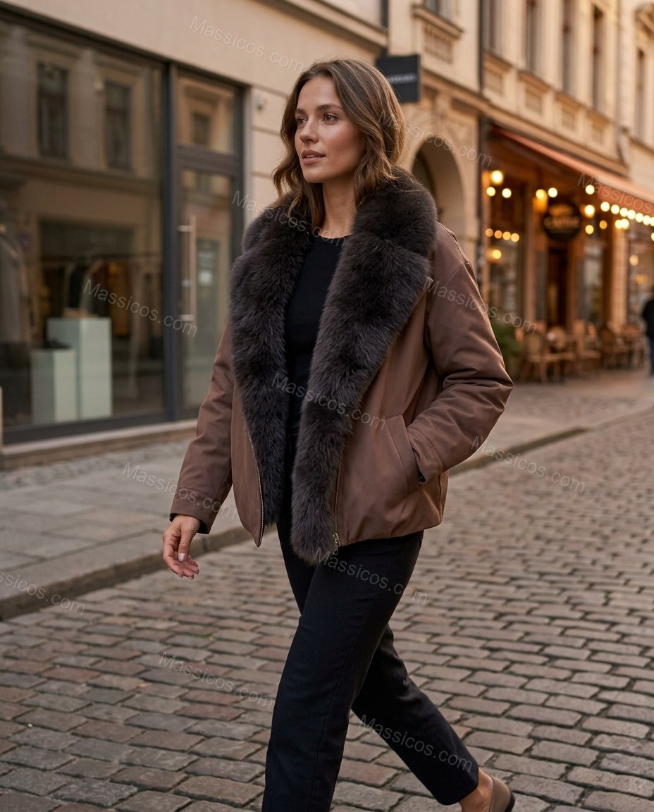 Muted Brown and Charcoal Jacket, movement and fit lifestyle view, by Massicos