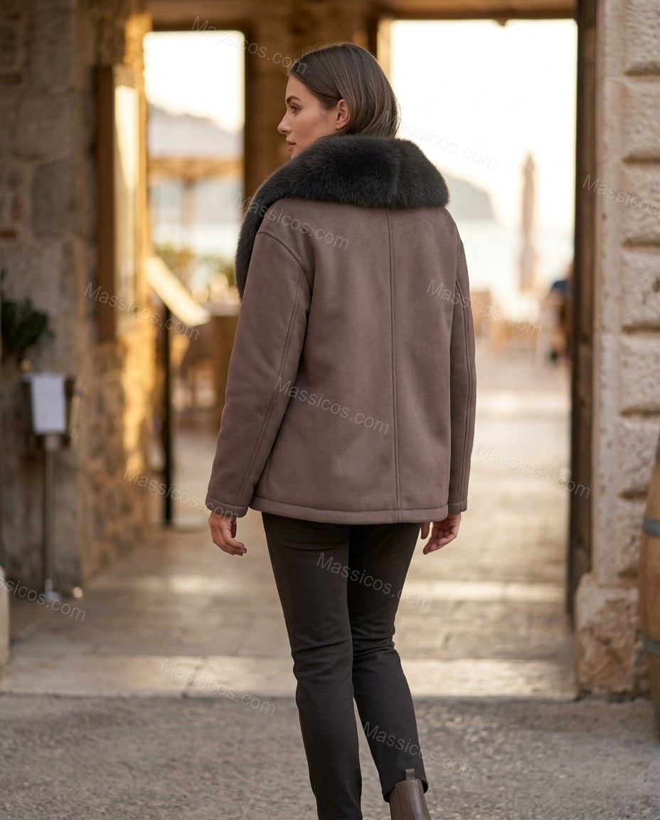 Muted Brown and Charcoal Jacket, three-quarter brand lifestyle view, by Massicos