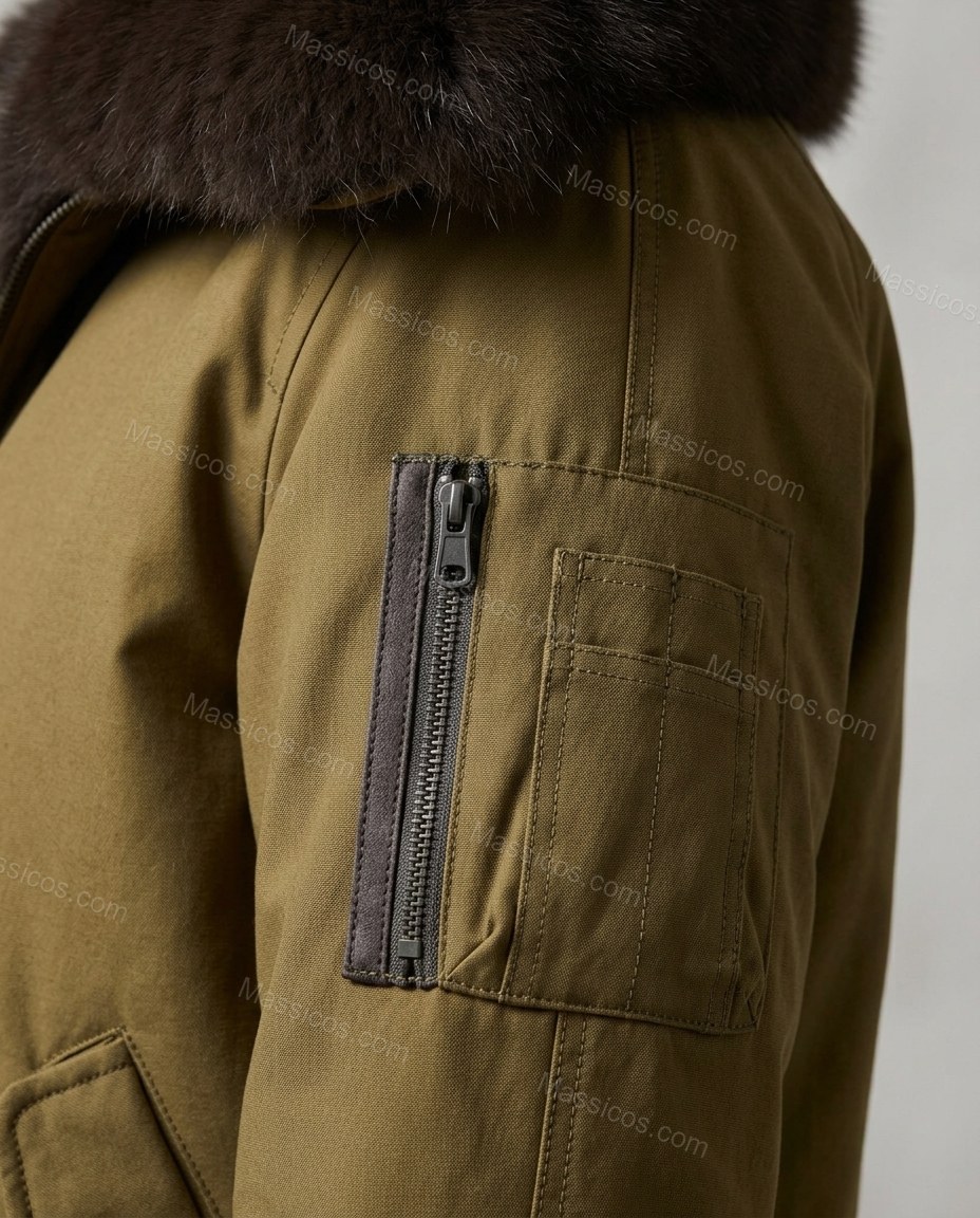 Olive Green Jacket, close-up of brown and metallic accents, zippered sleeve pocket and contrasting trim on sleeve pocket, by Massicos