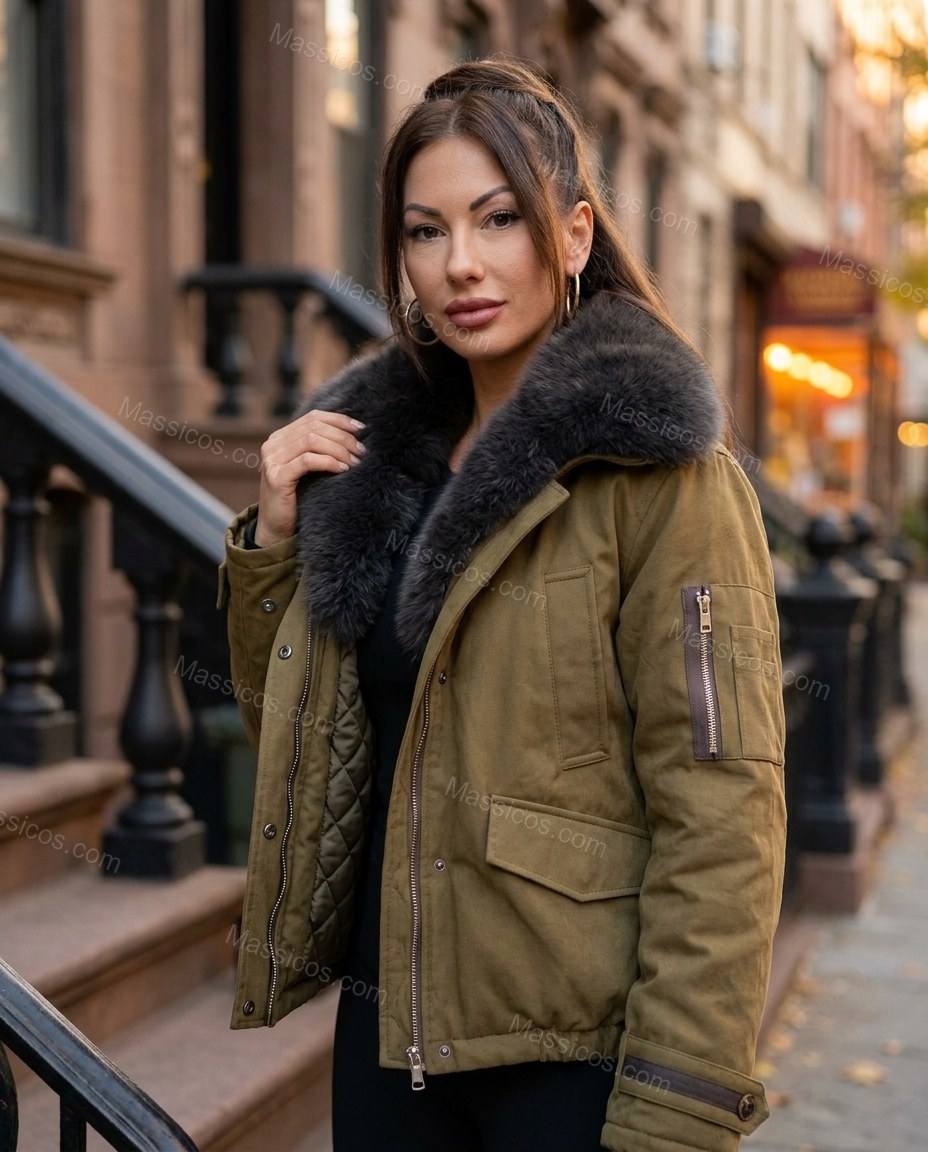Olive Green Jacket, three-quarter brand lifestyle view, by Massicos