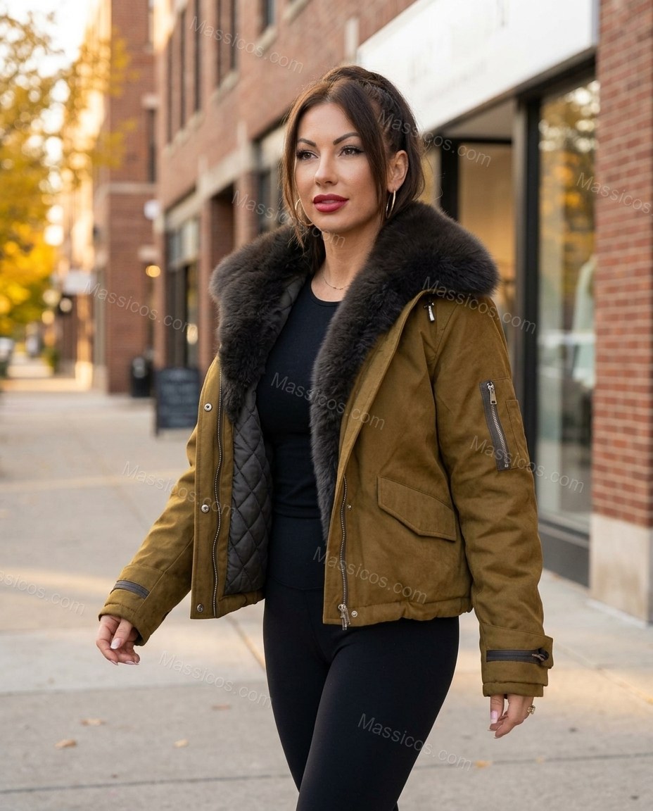 Olive Green Jacket, movement and fit lifestyle view, by Massicos