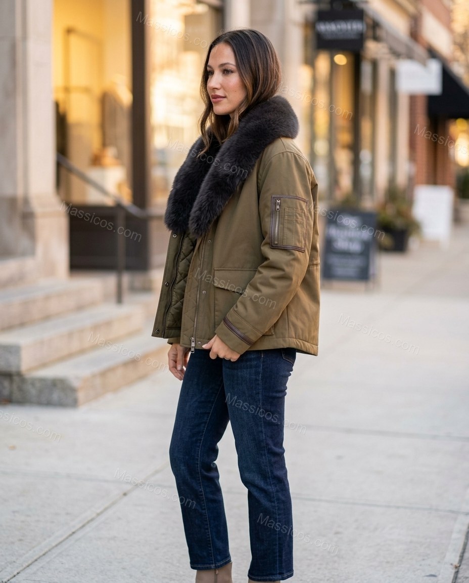 Olive Green Jacket, walking lifestyle view, by Massicos
