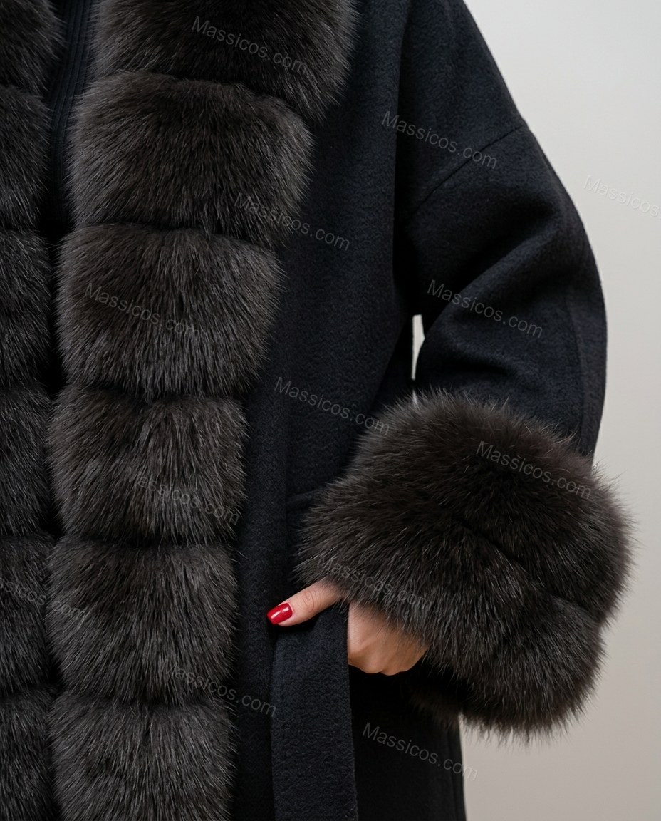 Black Coat, close-up of dark brown accents, fur trim on front opening and fur cuffs, by Massicos