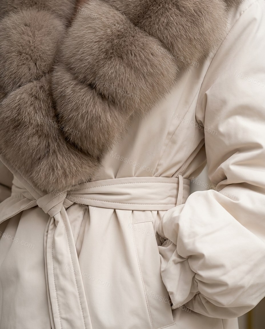 Cream Jacket, close-up of tan accents, fur collar and self-tie belt, by Massicos