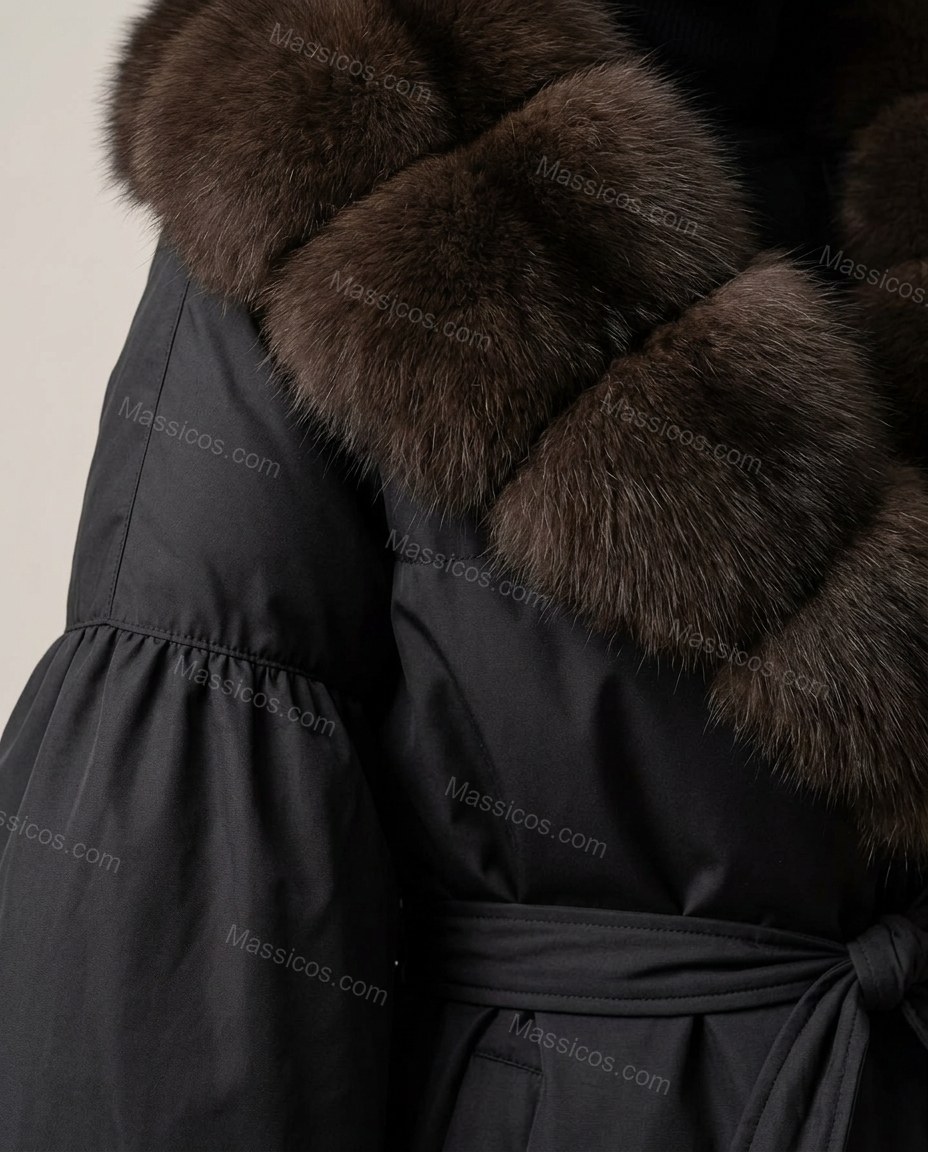 Black Coat, close-up of brown accents, fur trim and self-tie belt, by Massicos