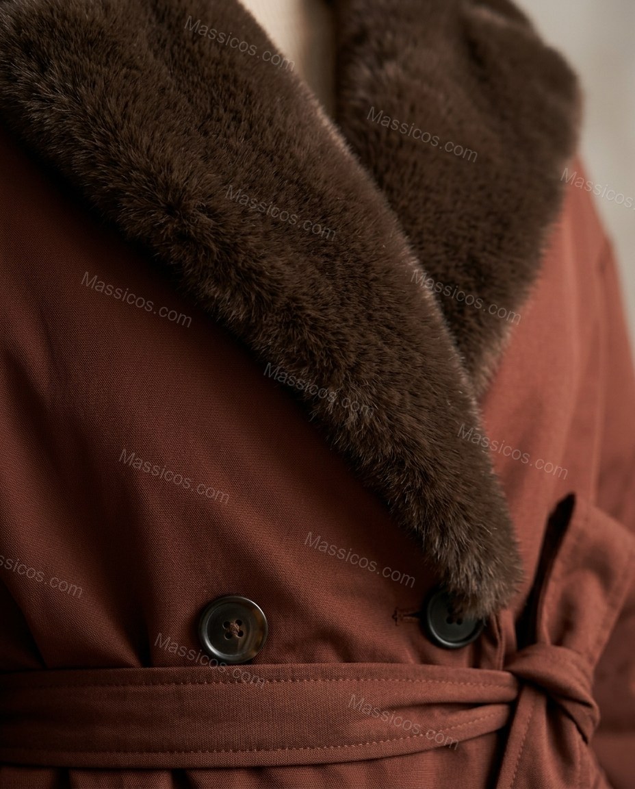 Brown Faux-Fur Jacket, close-up of dark brown accents, faux fur collar and self-tie belt, by Massicos