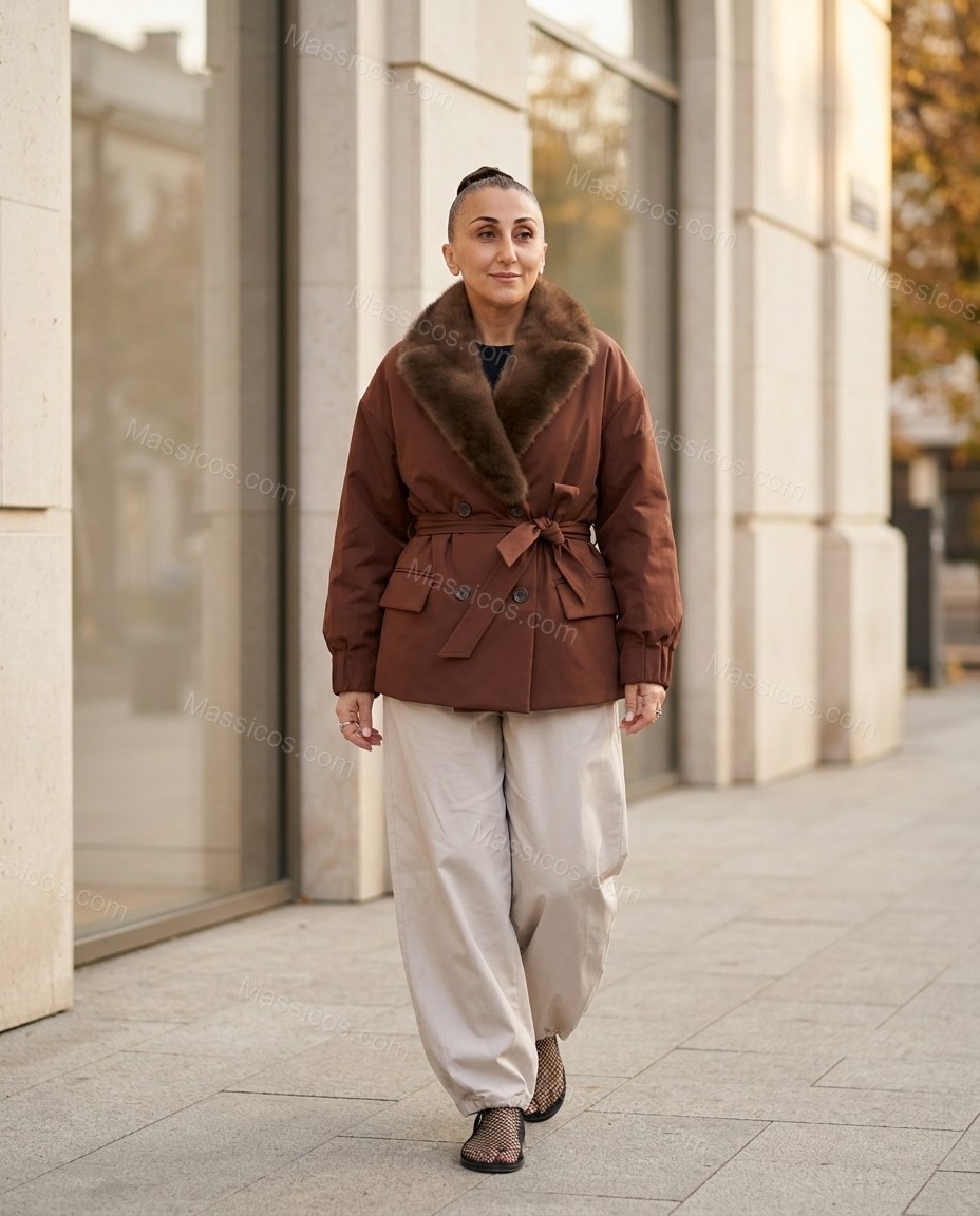 Brown Faux-Fur Jacket, movement and fit lifestyle view, by Massicos