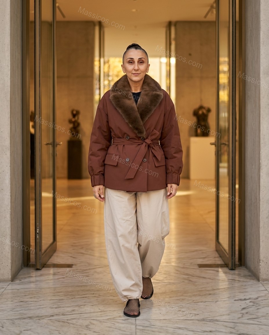 Brown Faux-Fur Jacket, three-quarter brand lifestyle view, by Massicos