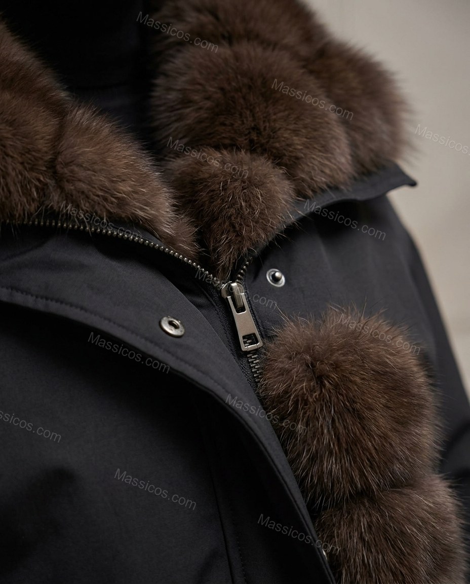 Black Jacket, close-up of dark brown accents, zipper closure and fur trim, by Massicos