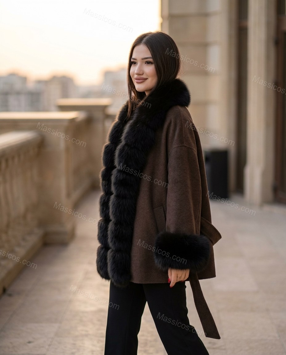 Brown Coat, walking lifestyle view, by Massicos