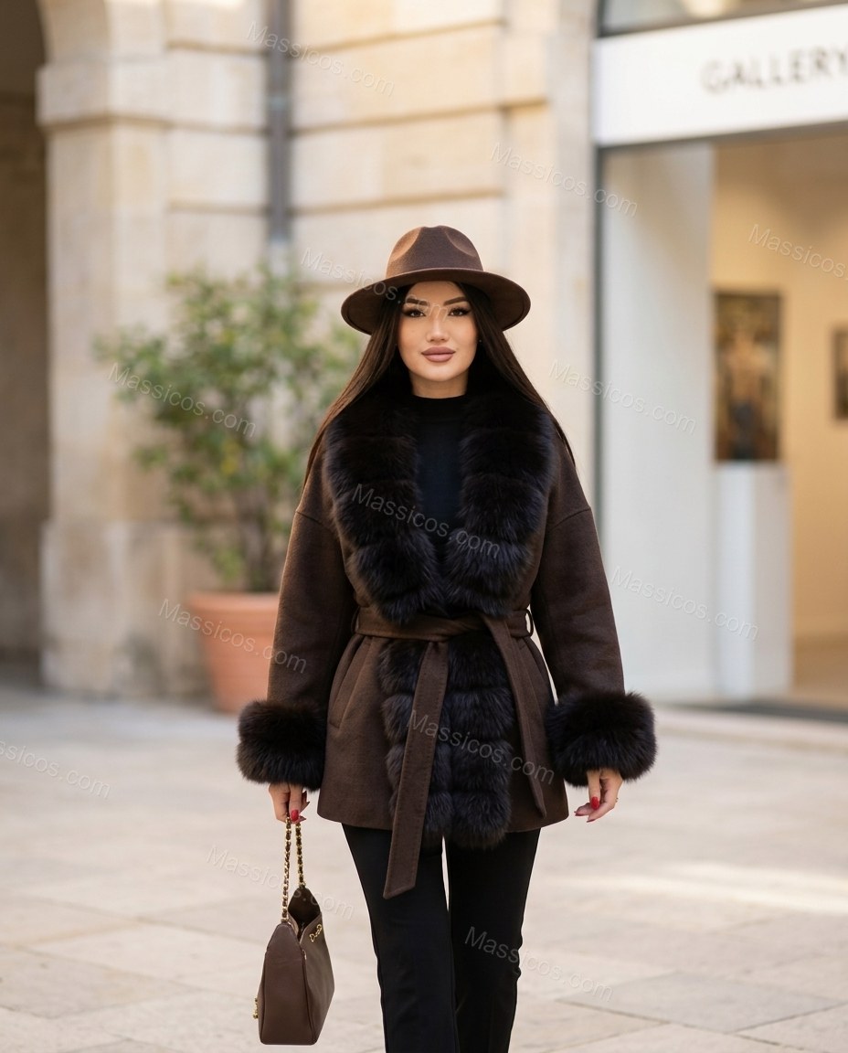Brown Coat, movement and fit lifestyle view, by Massicos