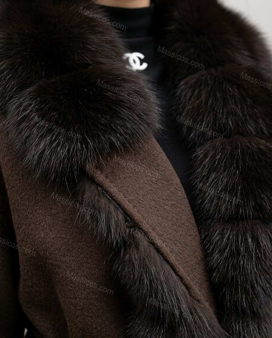 Brown Coat, close-up of dark brown accents, fur trim and tie-belt, by Massicos