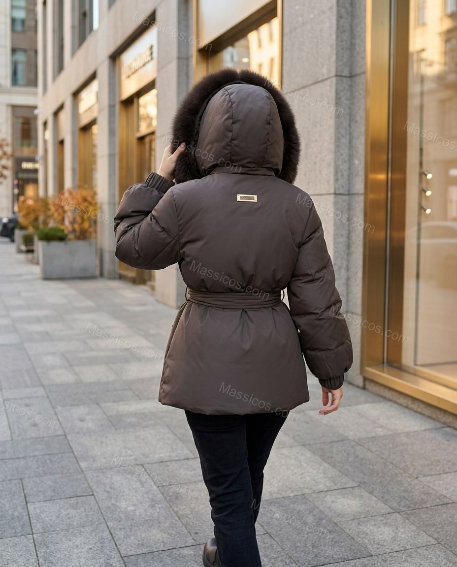 Dark Brown Elevated Fur-Trim Coat Dark Brown Coat with Relaxed Fit silhouette and Textured texture, side or back garment view for City Layering, a dinner reservation, Fall autumn city plans, dinner reservations, and weekend events, US East / Hamptons Elit by Massicos