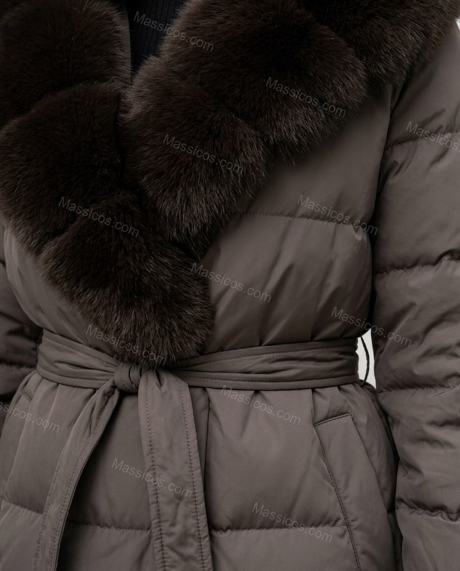 Dark Brown Elevated Fur-Trim Coat Dark Brown Coat with Relaxed Fit silhouette and Textured texture, lifestyle scene image for City Layering, a dinner reservation, Fall autumn city plans, dinner reservations, and weekend events, US East / Hamptons Elite by Massicos