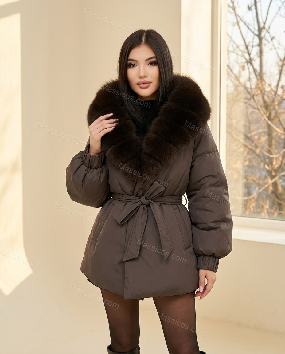 Dark Brown Elevated Fur-Trim Coat Dark Brown Coat with Relaxed Fit silhouette and Textured texture, front view product image for City Layering, a dinner reservation, Fall autumn city plans, dinner reservations, and weekend events, US East / Hamptons Elite by Massicos
