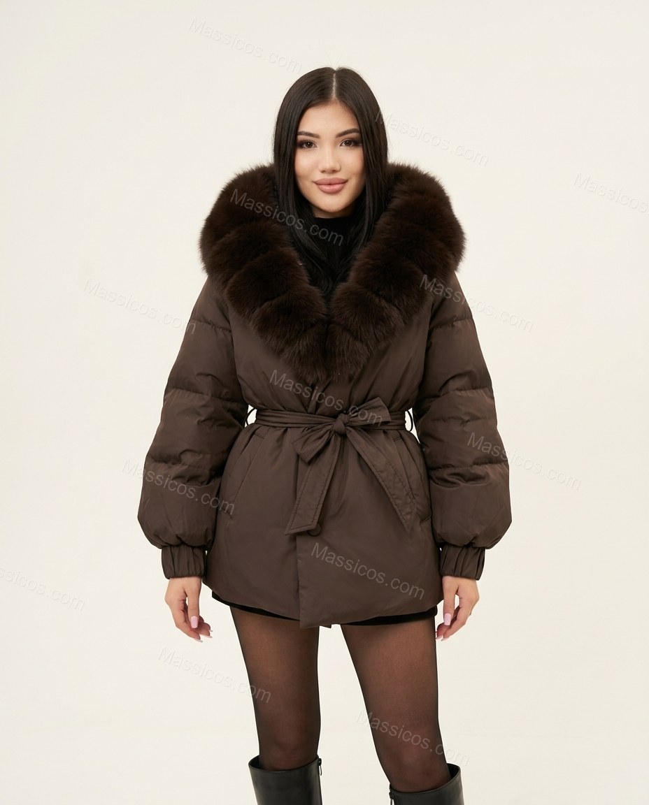 Dark Brown Elevated Fur-Trim Coat Dark Brown Coat with Relaxed Fit silhouette and Textured texture, clean studio product view for City Layering, a dinner reservation, Fall autumn city plans, dinner reservations, and weekend events, US East / Hamptons Elit by Massicos