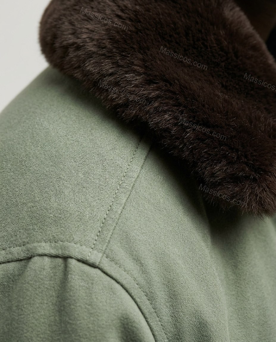 Sage Green Jacket, close-up of dark brown accents, fur collar and flap pockets, by Massicos