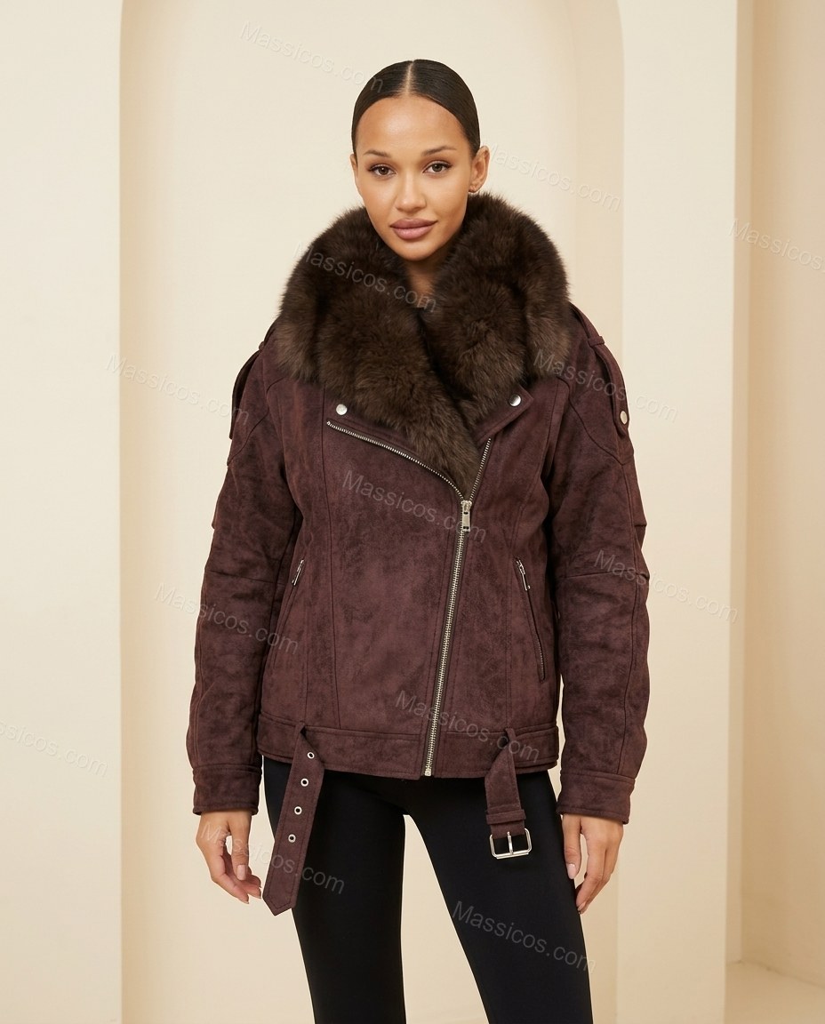 Brown Asymmetric Jacket, full-length hero view, by Massicos