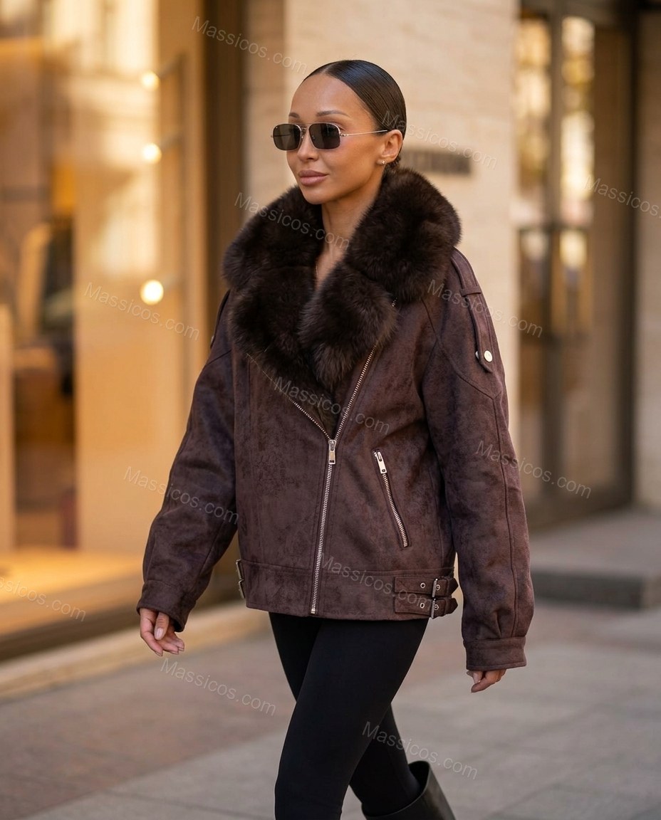Brown Asymmetric Jacket, walking lifestyle view, by Massicos