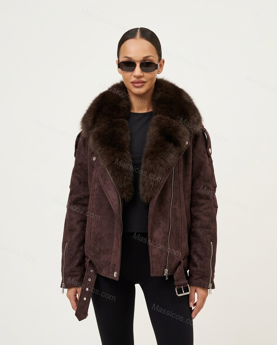 Brown Asymmetric Jacket, front studio view, by Massicos