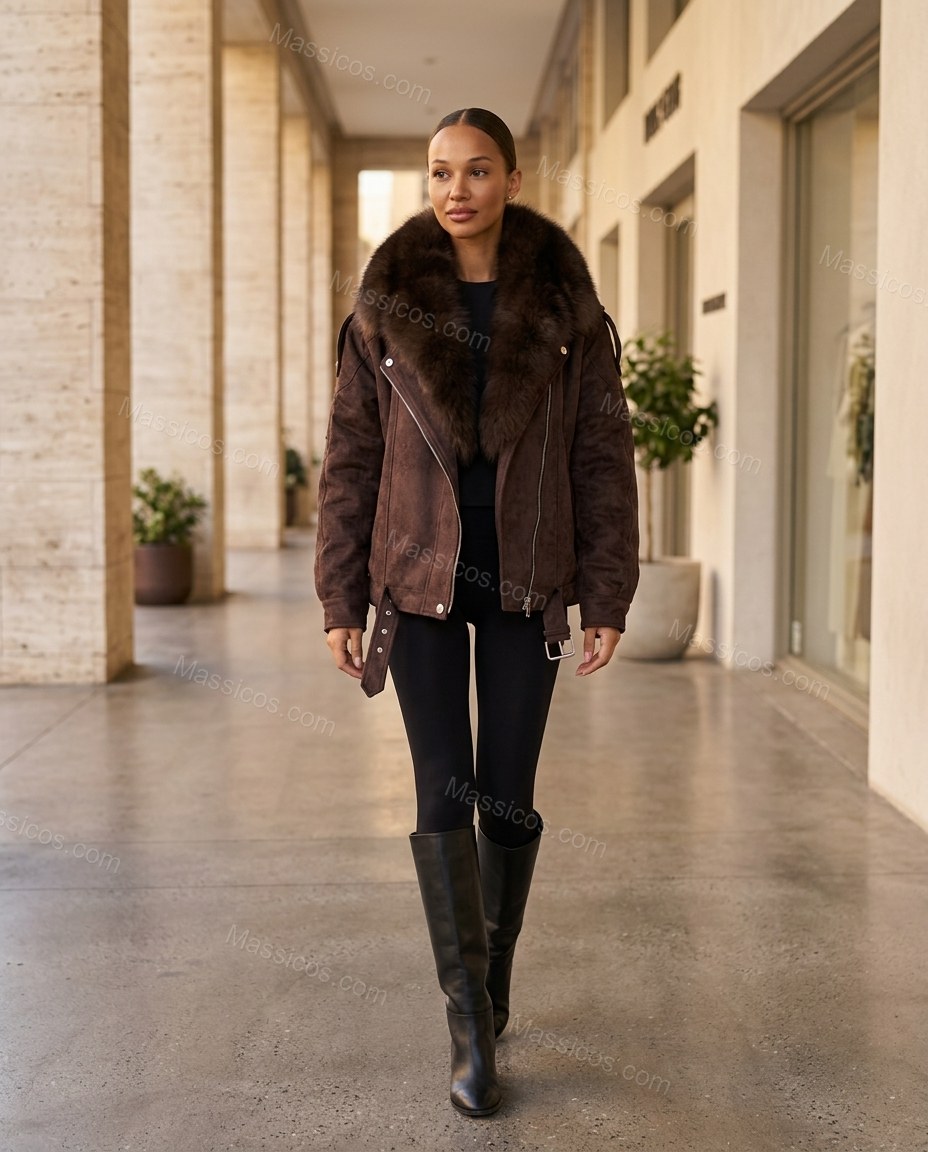 Brown Asymmetric Jacket, movement and fit lifestyle view, by Massicos