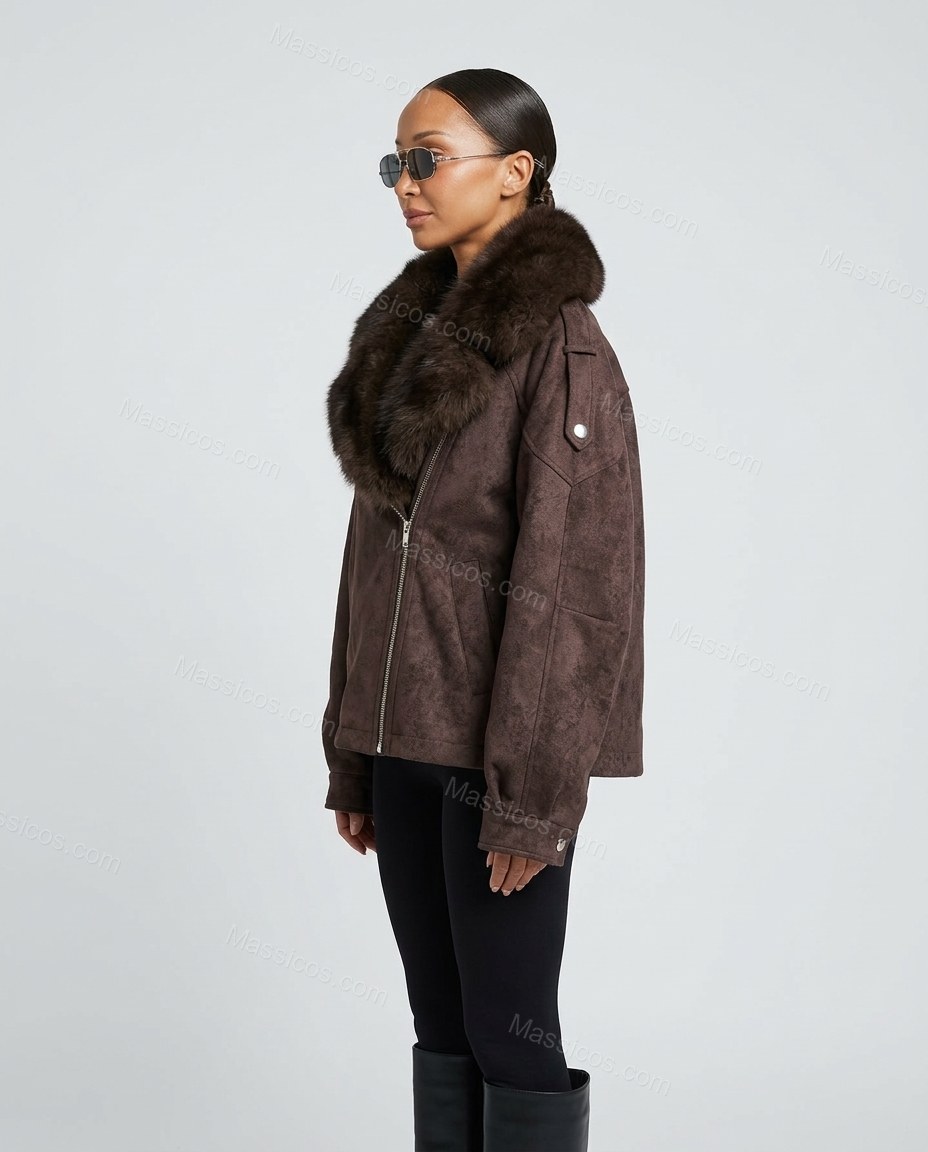 Brown Asymmetric Jacket, side and back studio view, by Massicos