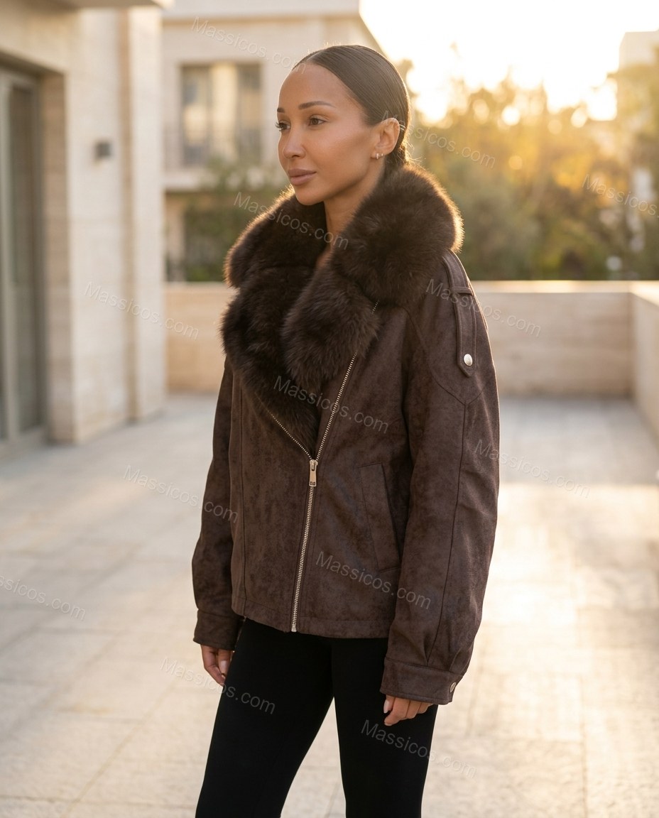 Brown Asymmetric Jacket, alternate use-case lifestyle view, by Massicos