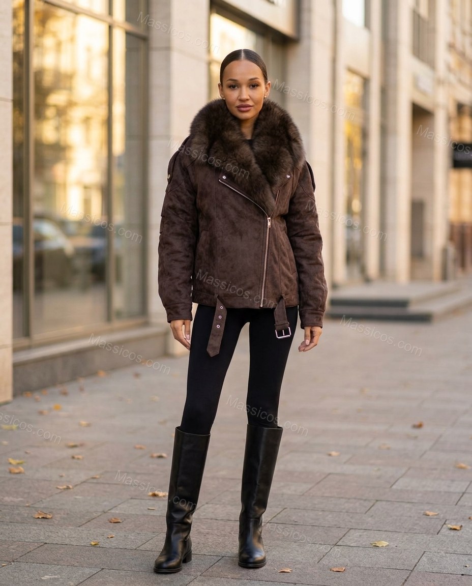 Brown Asymmetric Jacket, three-quarter brand lifestyle view, by Massicos