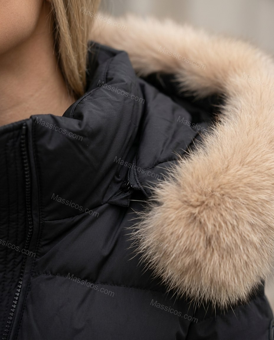 White Jacket, close-up of brown accents, quilted and fur trim on hood, by Massicos