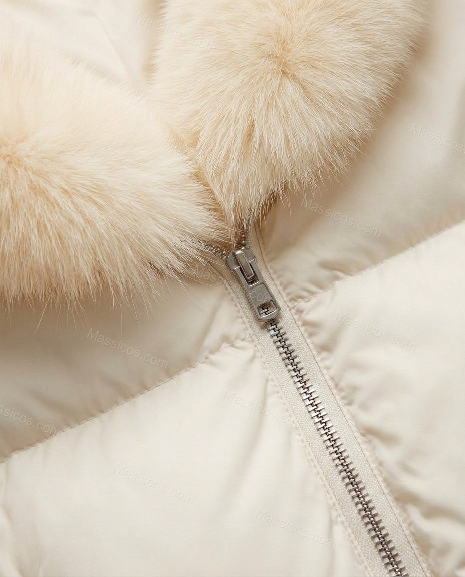 Cream Jacket, close-up of zipper closure, fur collar and puffer construction, by Massicos