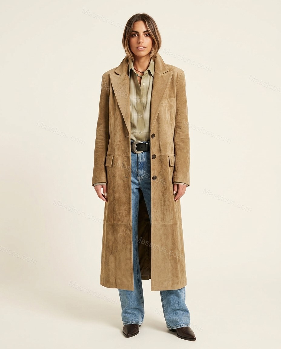 Warm Muted Tan Khaki Coat, front studio view, by Massicos