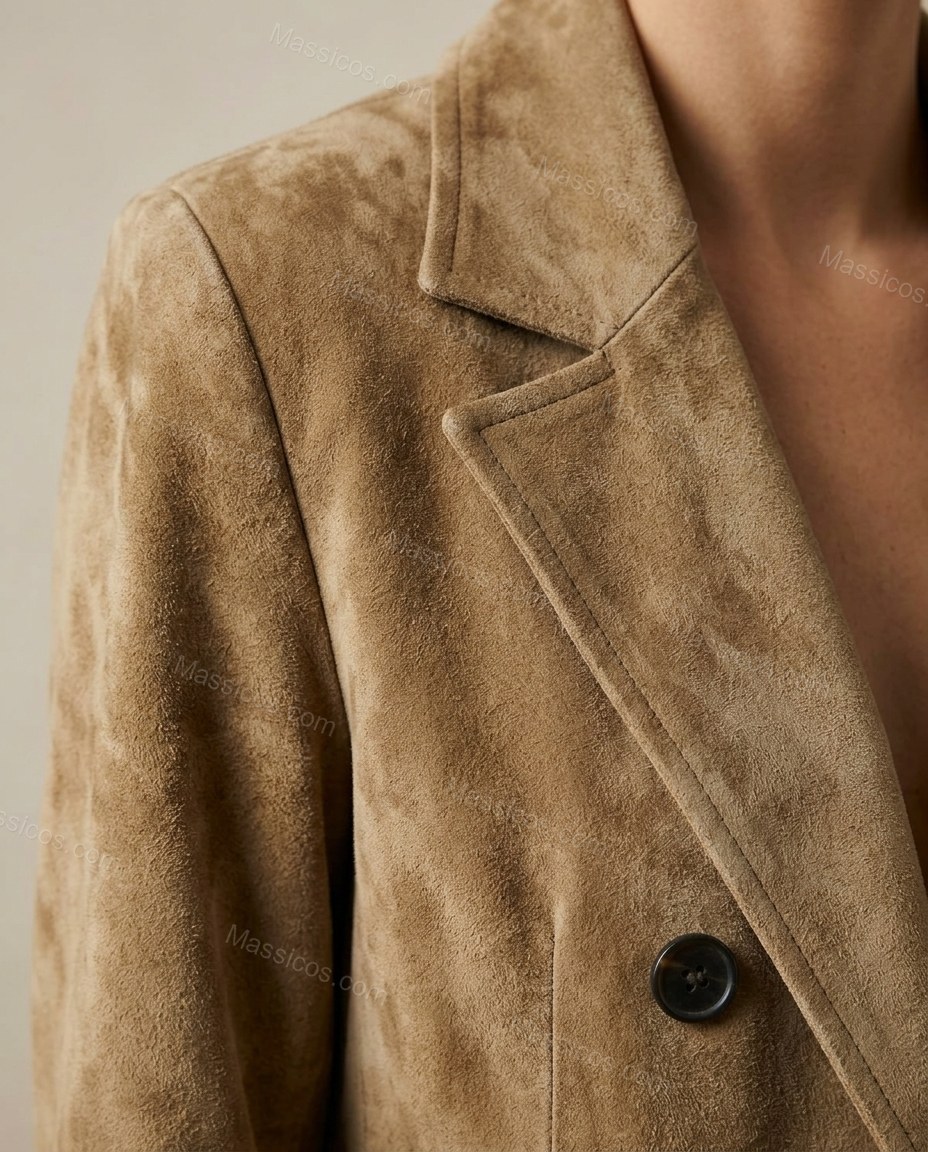 Warm Muted Tan Khaki Coat, close-up of notched lapels, front button closure and flap pockets, by Massicos