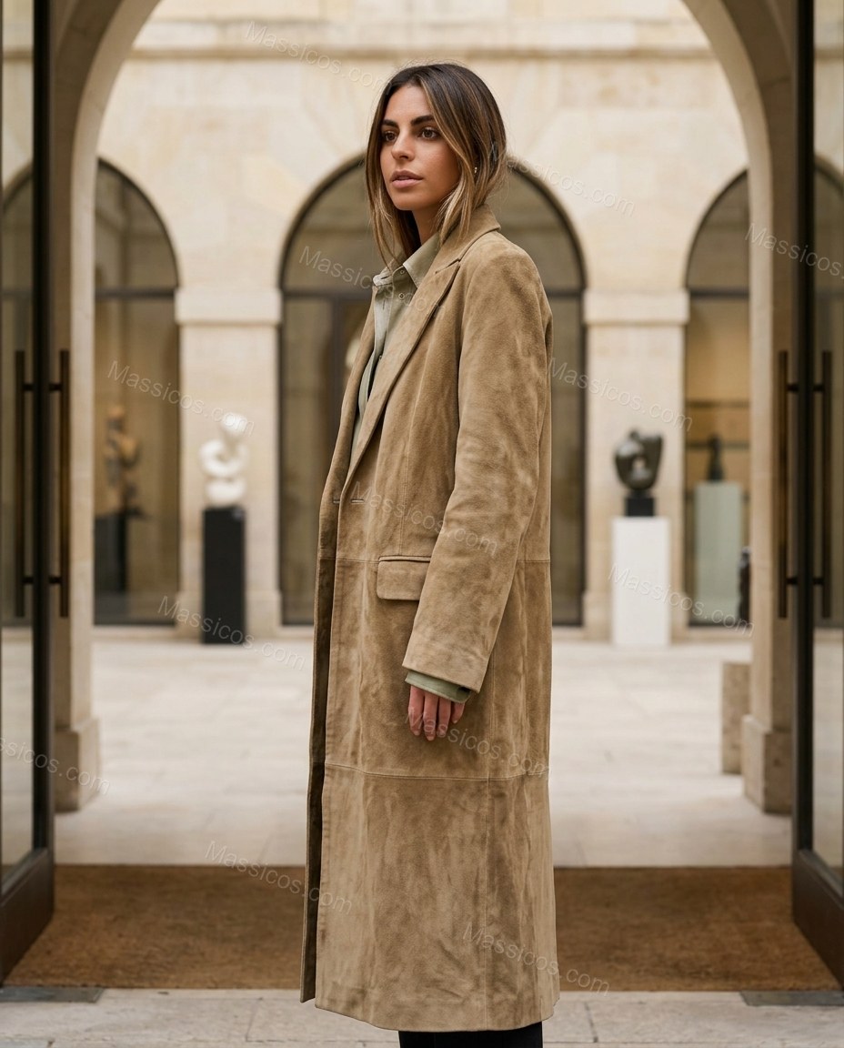 Warm Muted Tan Khaki Coat, alternate use-case lifestyle view, by Massicos