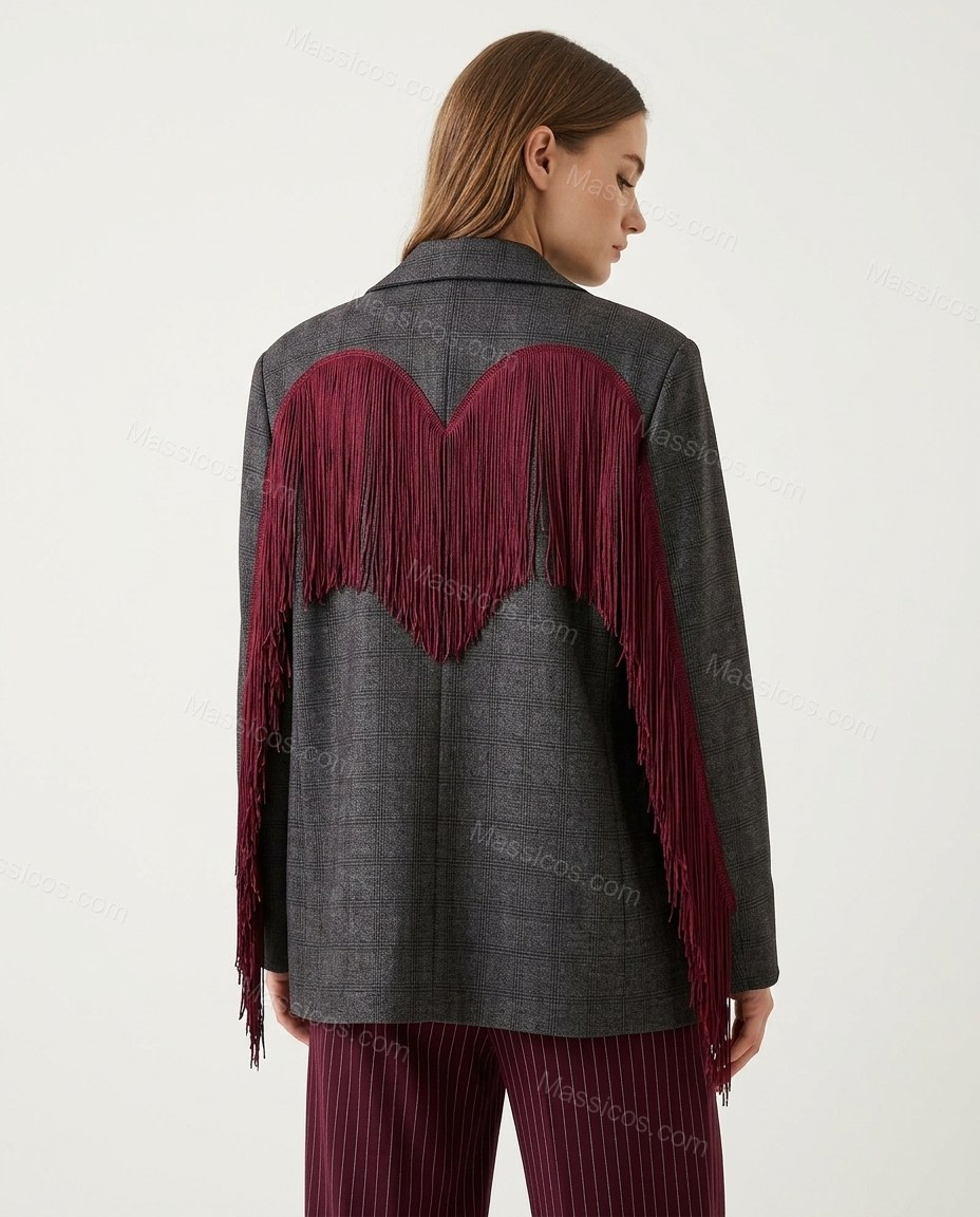 Charcoal Gray Check Fringe Blazer, back studio view, by Massicos