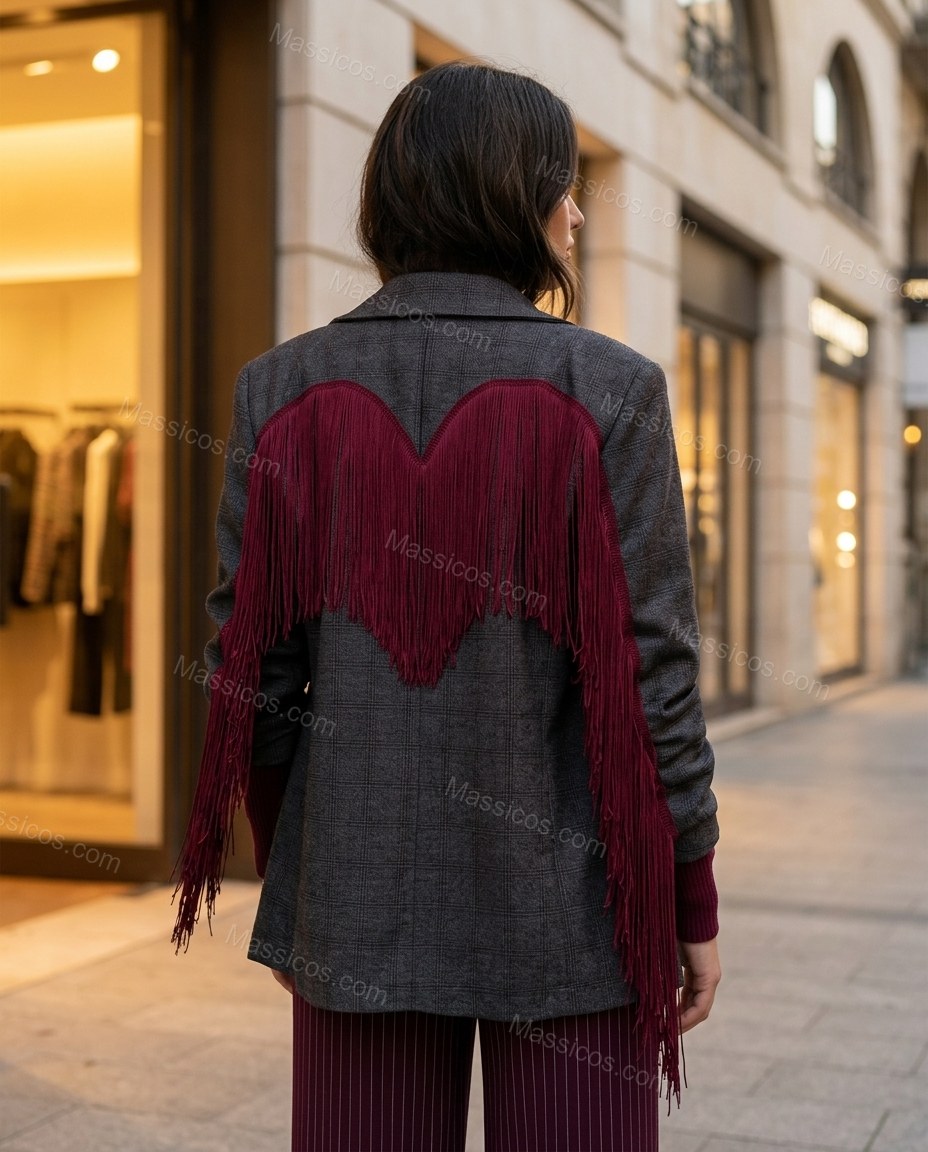 Charcoal Gray Check Fringe Blazer, three-quarter brand lifestyle view, by Massicos