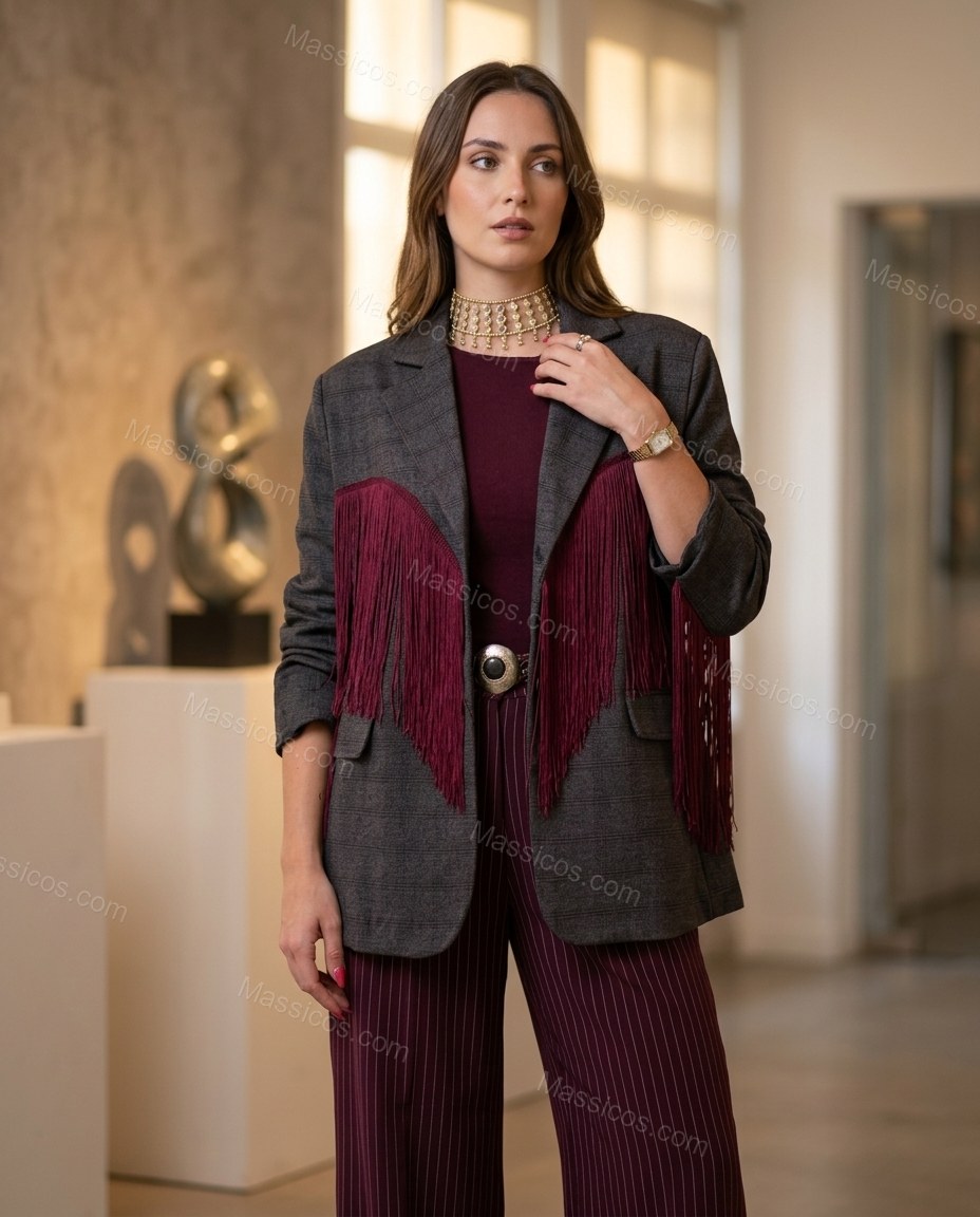Charcoal Gray Check Fringe Blazer, alternate use-case lifestyle view, by Massicos